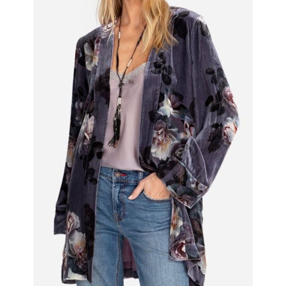 Johnny Was Los Angeles | Midnight Rose Open Cardigan | Soft Gray Floral | Sz M